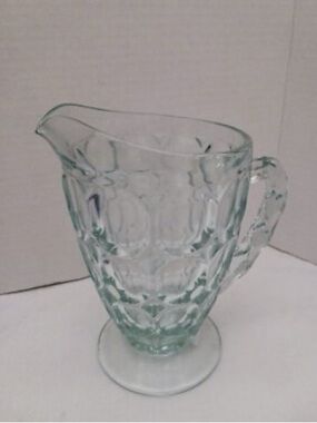 Jeannette Ice Blue Glass Pilgrim Thumbprint Juice Pitcher 7" T 1940s MCM 20 Oz